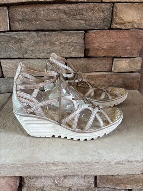 Fly London sz 42 metallic gold/silver lace up wedge sandals